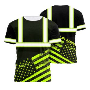 Hi Vis Shirt Reflective Black And Green USA Flag Custom Name Safety Workwear For Workers, Runners, Cyclists, Patriotic, Veteran, Military