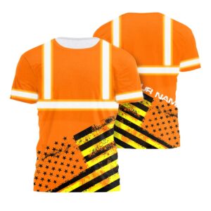 Hi Vis Shirt Reflective Black And Orange Neon USA Flag Custom Name Safety Workwear For Workers, Runners, Cyclists, Patriotic, Veteran, Military