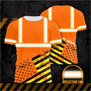 Hi Vis Shirt Reflective Black And Orange Neon USA Flag Custom Name Safety Workwear For Workers, Runners, Cyclists, Patriotic, Veteran, Military