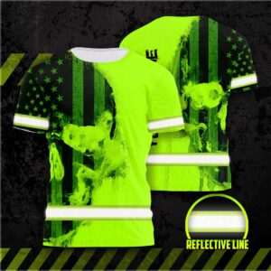 Hi Vis Shirt Reflective Green Black Skull Custom Name Safety Workwear For Workers, Runners, Cyclists, Patriotic, Veteran, Military
