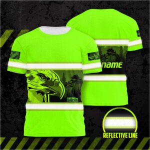 Hi Vis Shirt Reflective Green Eagle USA Flag Custom Name Safety Workwear For Workers, Patriotic, Veteran, Military