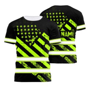 Hi Vis Shirt Reflective Green Neon Flag Custom Name Safety Workwear For Workers, Runners, Cyclists, Patriotic, Veteran, Military
