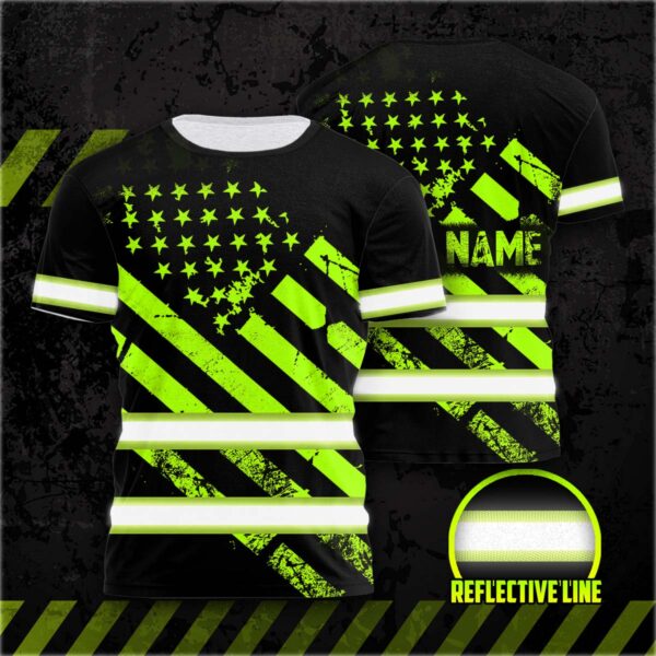 Hi Vis Shirt Reflective Black And Blue Neon USA Flag Custom Name Safety  Workwear For Workers