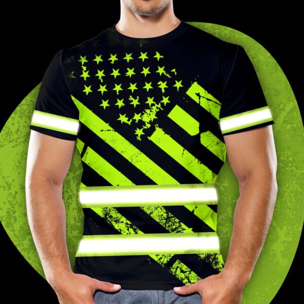 Hi Vis Shirt Reflective Green Eagle USA Flag Custom Name Safety Workwear  For Workers, Patriotic, Veteran, Military