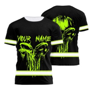 Hi Vis Shirt Reflective Green Skull Custom Name Safety Workwear For Workers, Runners, Cyclists, Patriotic, Veteran, Military