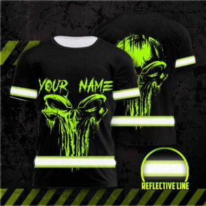 Hi Vis Shirt Reflective Green Skull Custom Name Safety Workwear For Workers, Runners, Cyclists, Patriotic, Veteran, Military