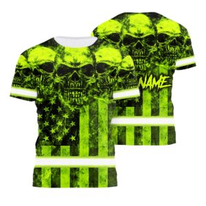 Hi Vis Shirt Reflective Green Skull US Flag Custom Name Safety Workwear For Workers, Runners, Cyclists, Patriotic, Veteran, Military