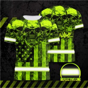 Hi Vis Shirt Reflective Green Skull US Flag Custom Name Safety Workwear For Workers, Runners, Cyclists, Patriotic, Veteran, Military