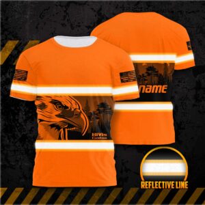 Hi Vis Shirt Reflective Orange Eagle USA Flag Custom Name Safety Workwear For Workers, Patriotic, Veteran, Military
