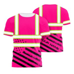 Hi Vis Shirt Reflective Pink Neon USA Flag Custom Name Safety Workwear For Workers, Runners, Cyclists, Patriotic, Veteran, Military