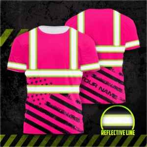 Hi Vis Shirt Reflective Pink Neon USA Flag Custom Name Safety Workwear For Workers, Runners, Cyclists, Patriotic, Veteran, Military