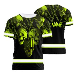 Hi Vis Shirt Reflective Skull With Chain Custom Name Safety Workwear For Workers, Runners, Cyclists, Patriotic
