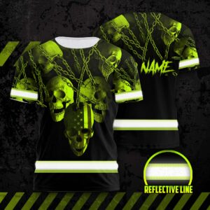 Hi Vis Shirt Reflective Skull With Chain Custom Name Safety Workwear For Workers, Runners, Cyclists, Patriotic