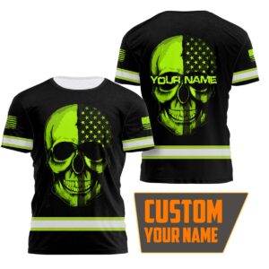 Hi Vis Shirt Reflective Skull With US Flag Custom Name Safety Workwear For Workers, Runners, Cyclists, Patriotic, Veteran, Military