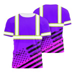 Hi Vis Shirt Reflective Violet Neon USA Flag Custom Name Safety Workwear For Workers, Runners, Cyclists, Patriotic, Veteran, Military