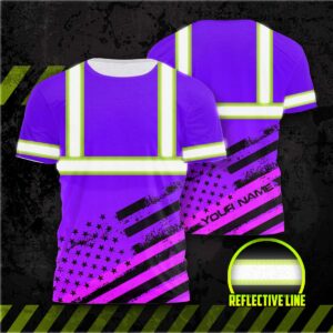 Hi Vis Shirt Reflective Violet Neon USA Flag Custom Name Safety Workwear For Workers, Runners, Cyclists, Patriotic, Veteran, Military