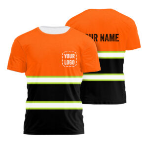 Hi Vis Shirts Reflective Orange Black Below Custom Name And Logo Safety Workwear For Runner Cyclist Construction Worker