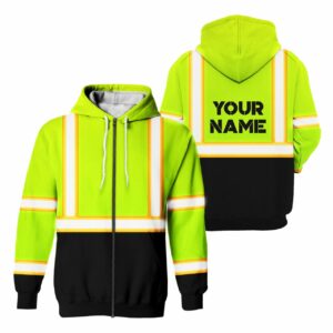 High Visibility Zip Hoodie Reflective Black Below Custom Name Safety Workwear