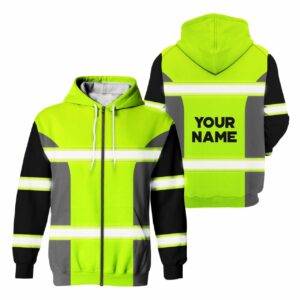 High Visibility Zip Hoodie Reflective Green Custom Name Safety Running And Cycling
