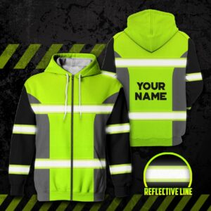 High Visibility Zip Hoodie Reflective Green Custom Name Safety Running And Cycling