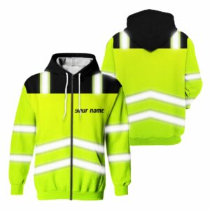 High Visibility Zip Hoodie Reflective Lime Custom Name Safety Workwear