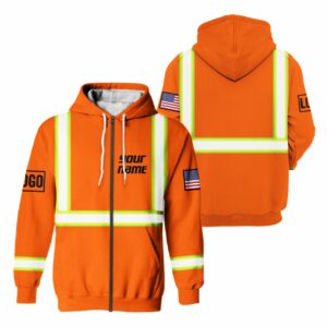 High Visibility Zip Hoodie Reflective Orange US Flag Custom Name And Logo Safety Workwear