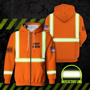 High Visibility Zip Hoodie Reflective Orange US Flag Custom Name And Logo Safety Workwear