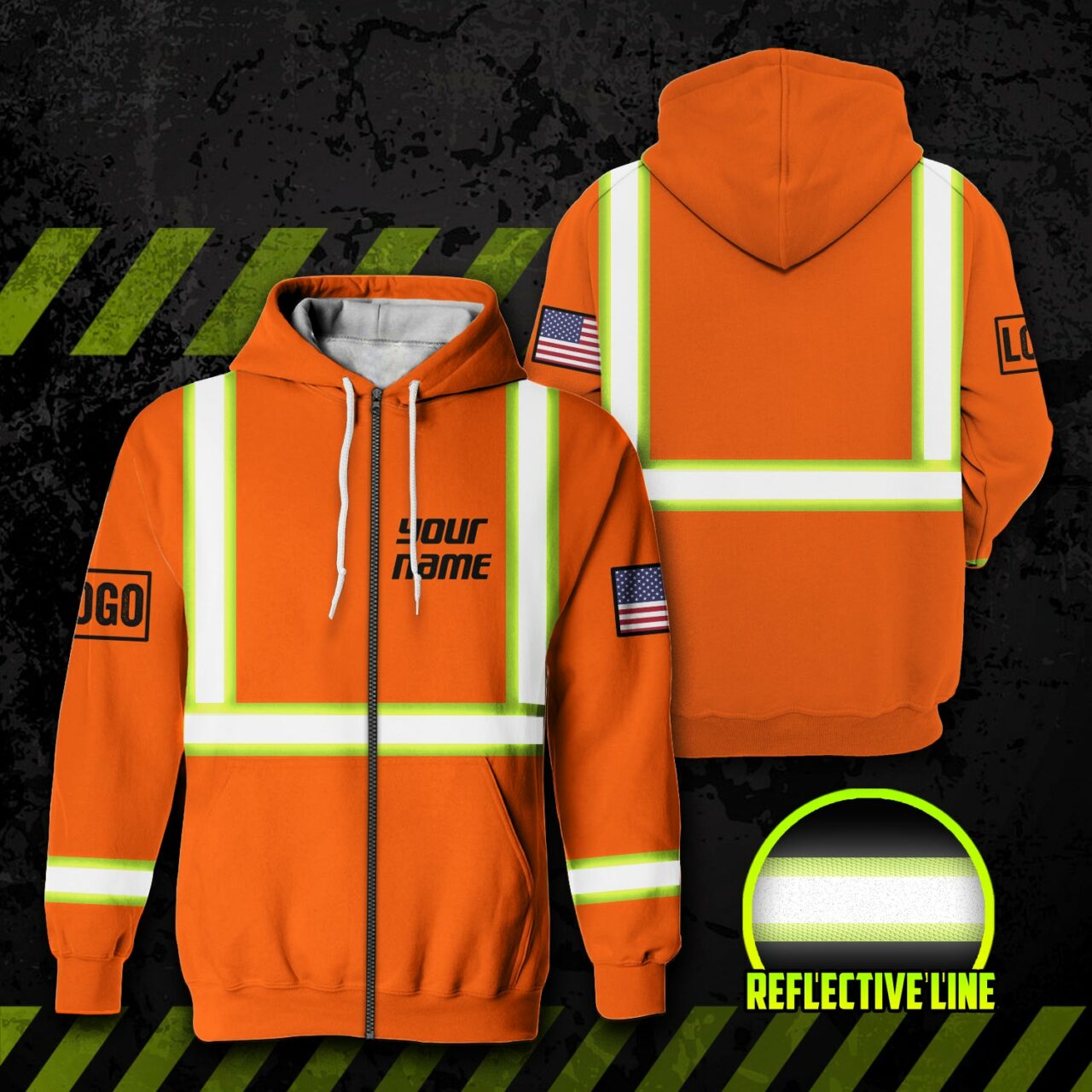 High Visibility Zip Hoodie Reflective Orange US Flag Custom Name