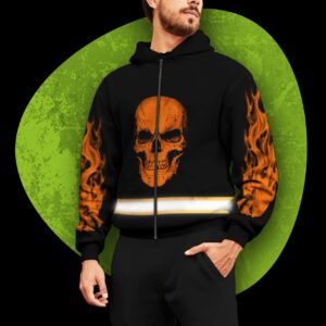High Visibility Zip Hoodie Reflective Skull Fire Safety For Motorcycle Rider, Racing, Biker, Cyclist