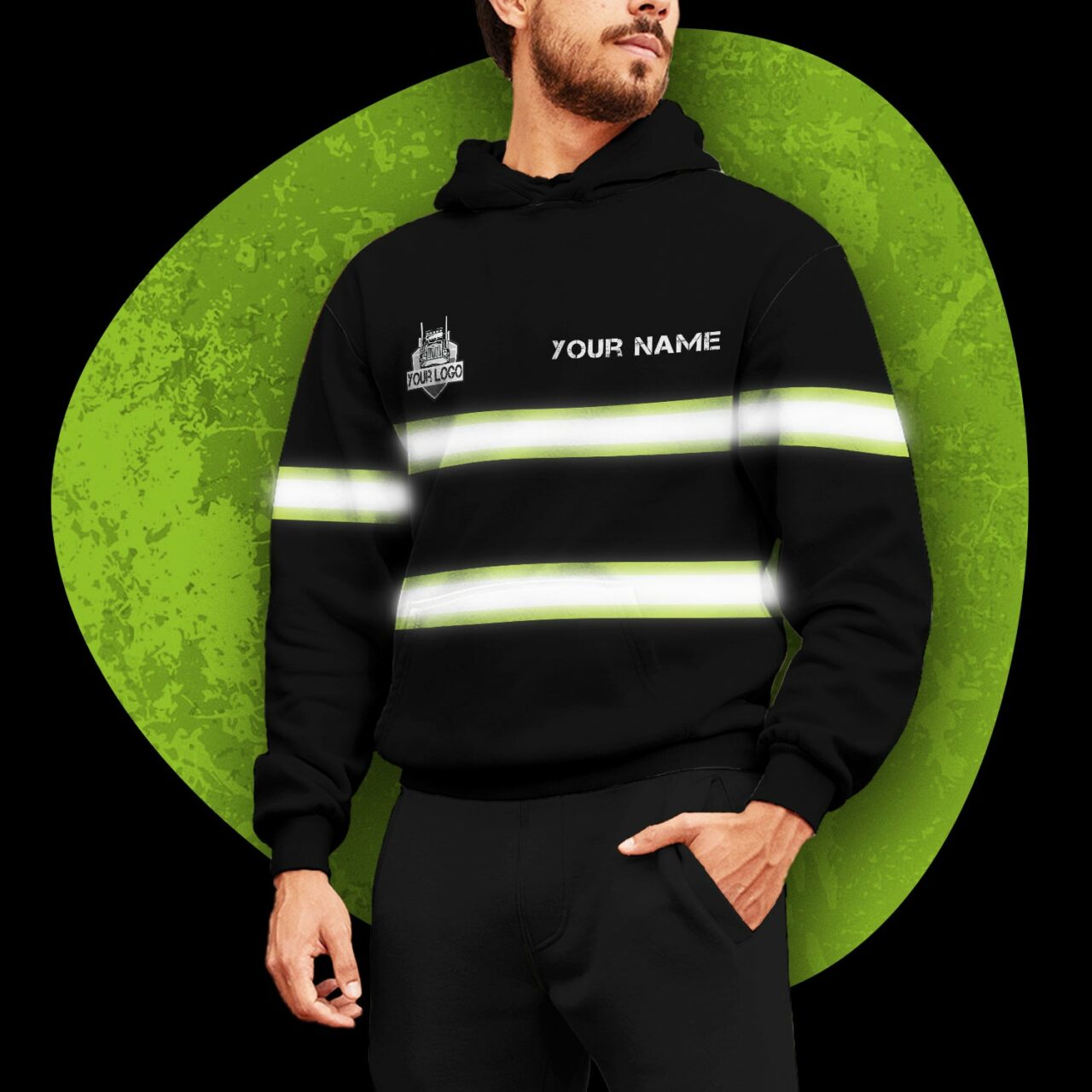 Hi Vis Hoodie Reflective Black Custom Name And Logo Safety Workwear