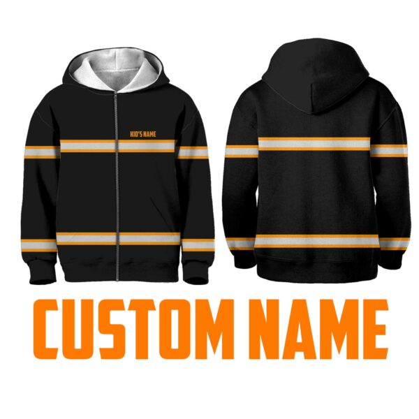 Hi Vis Kids Zip Hoodie Reflective Orange Line Custom Name Safety Workwear