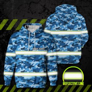 Hi Vis Reflective Blue Camo Custom Name Zip Hoodie Safety Workwear