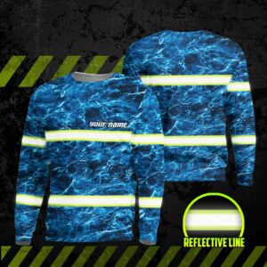 Hi Vis Reflective Blue Custom Name Long Sleeve Safety Workwear For Fisherman, Fishing Lovers