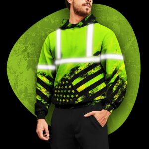 Hi Vis Reflective Green American Flag Custom Name Hoodie Safety Workwear