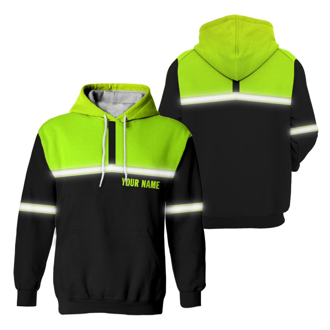 Hi Vis Reflective Green And Black Custom Name Hoodie Safety Workwear