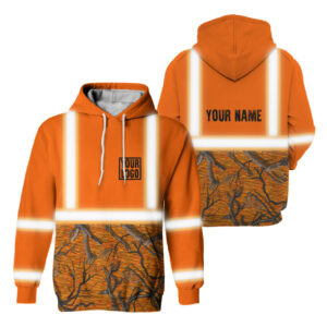 Hi Vis Reflective Orange Hunting Camo Custom Name Hoodie Safety Workwear For Hunter, Hunting Lover