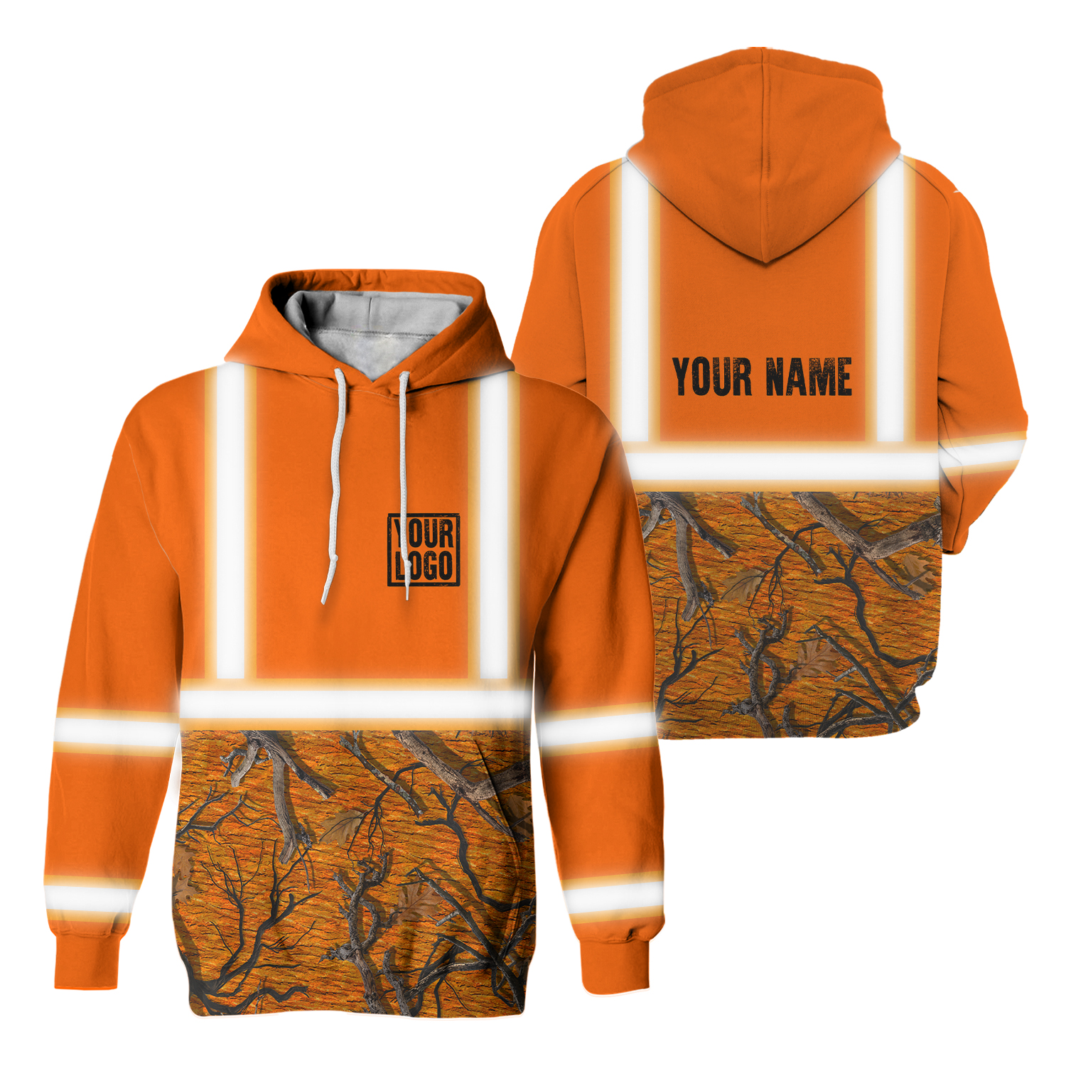 Hi Vis Reflective Orange Hunting Camo Custom Name Hoodie Safety Workwear