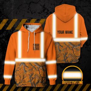 Hi Vis Reflective Orange Hunting Camo Custom Name Hoodie Safety Workwear For Hunter, Hunting Lover
