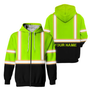 High Visibility Reflective Orange Line Custom Name Zip Hoodie Safety Workwear
