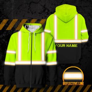 High Visibility Reflective Orange Line Custom Name Zip Hoodie Safety Workwear