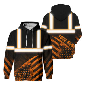 Hi Vis Reflective Orange US Flag Custom Name Hoodie Safety Workwear