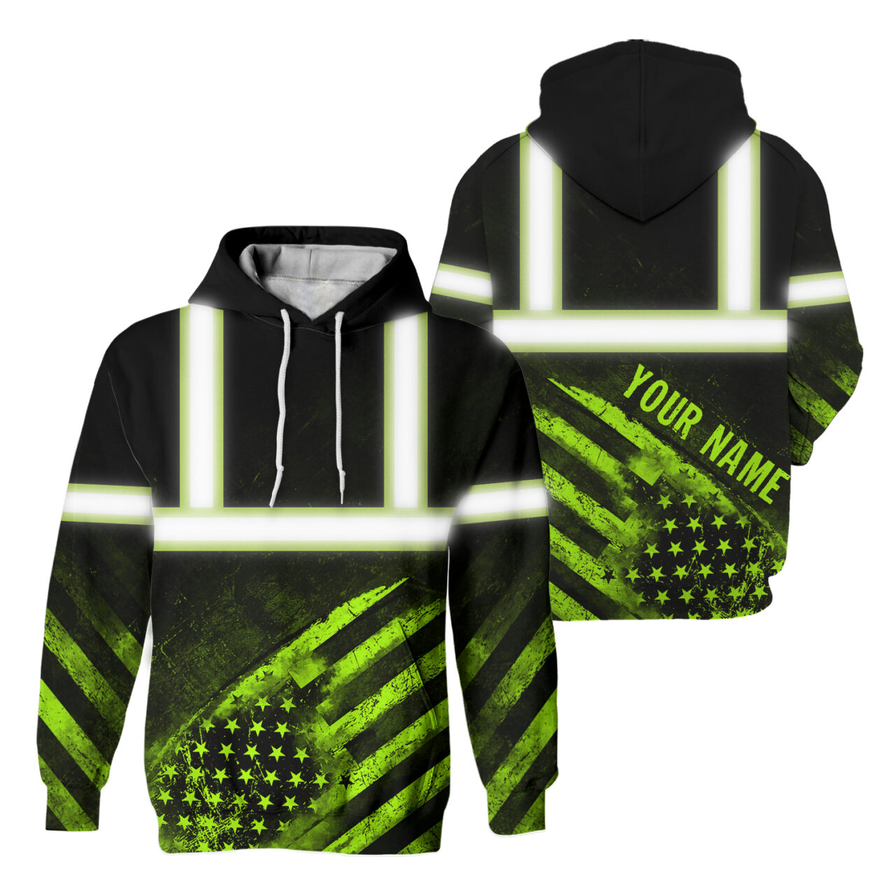 Hi Vis Reflective US Flag Custom Name Hoodie Safety Workwear