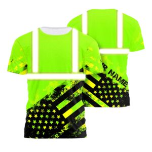 Hi Vis Shirt Reflective Green Eagle USA Flag Custom Name Safety Workwear  For Workers, Patriotic, Veteran