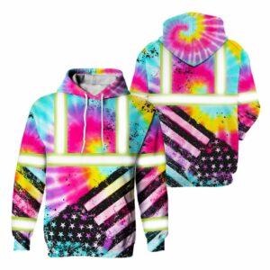 Hi Vis Hoodie Reflective Tie Dye US Flag Paint Safety Workwear For Worker, Motorcycle Bicycle, Runner