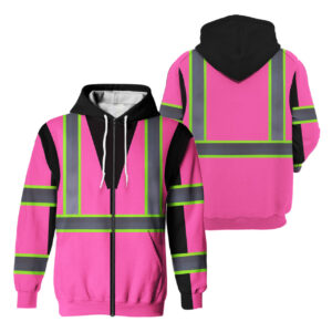 Hi Vis Zip Hoodie Reflective Pink Workwear Safety For Women 3D All Over Printed