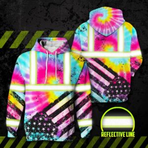Hi Vis Hoodie Reflective Tie Dye US Flag Paint Safety Workwear For Worker, Motorcycle Bicycle, Runner