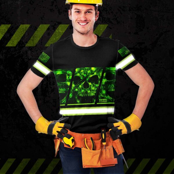 Hi Vis Shirt Reflective Best Skull Custom Name Safety Workwear For Workers, Patriotic, Veteran, Military