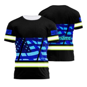 Hi Vis Shirt Reflective Blue USA Flag Custom Name Safety Workwear For Workers, Patriotic, Veteran, Military