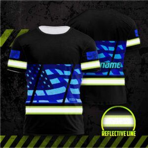 Hi Vis Shirt Reflective Blue USA Flag Custom Name Safety Workwear For Workers, Patriotic, Veteran, Military