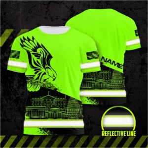 Hi Vis Shirt Reflective Eagle Fly USA Flag Custom Name Safety Workwear For Workers, Patriotic, Veteran, Military